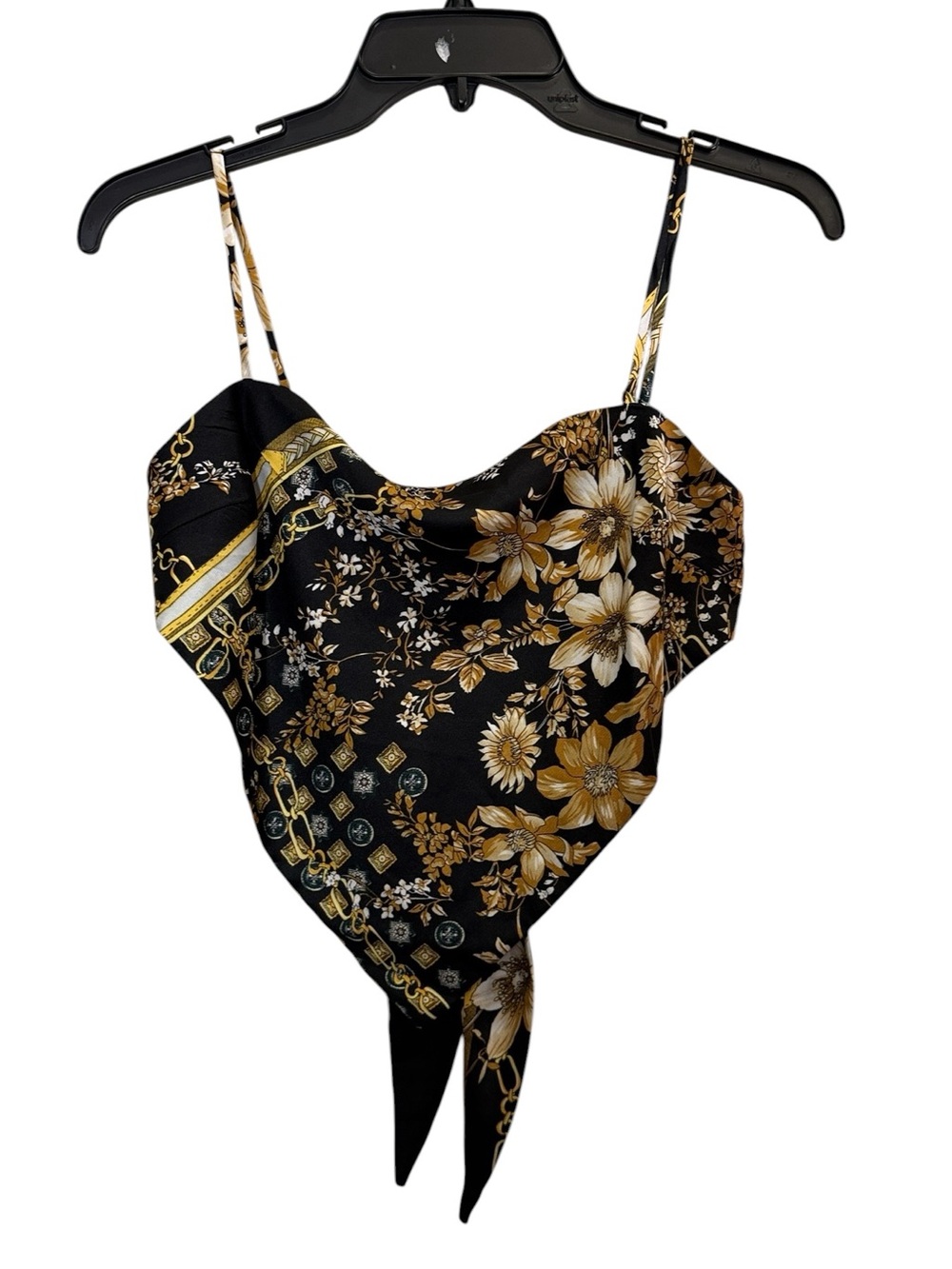 Princess Polly Euro Summer Chic Black & Gold Floral Handkerchief Cami Top sz 2